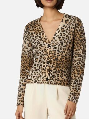 Chico's Leopard Print V-Neck Cardigan in Brown Cream Linen Cotton XL